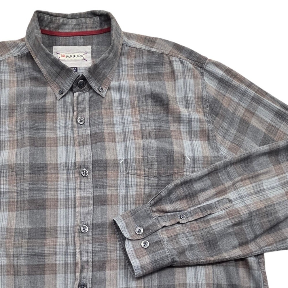 32 Bar Blues Mens XL Gray Blue Plaid Button Down Shirt Long Sleeve Cotton